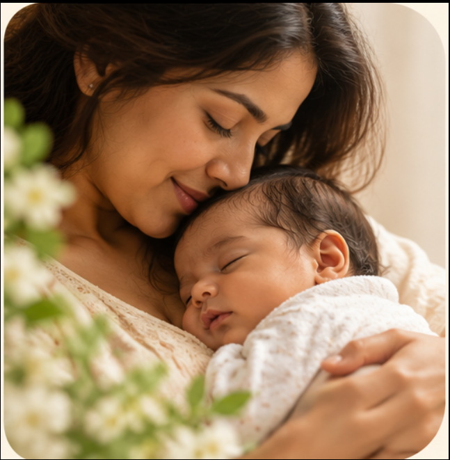 Mother and baby cuddling