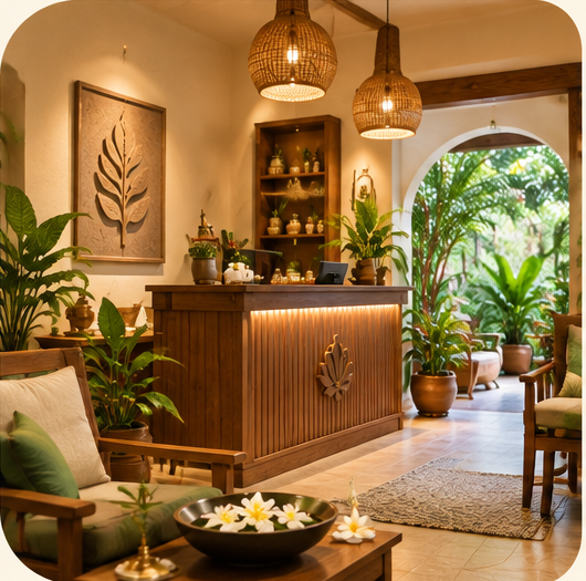 Brass vessels and greenery in the treatment room