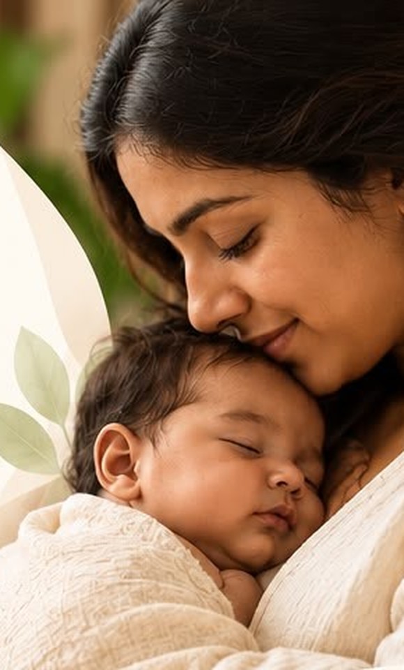 A mother resting her cheek on her sleeping newborn